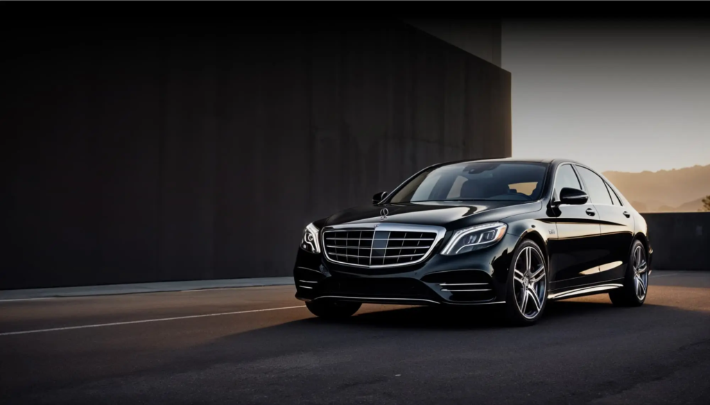 Black Mercedes S-Class sedan under studio light