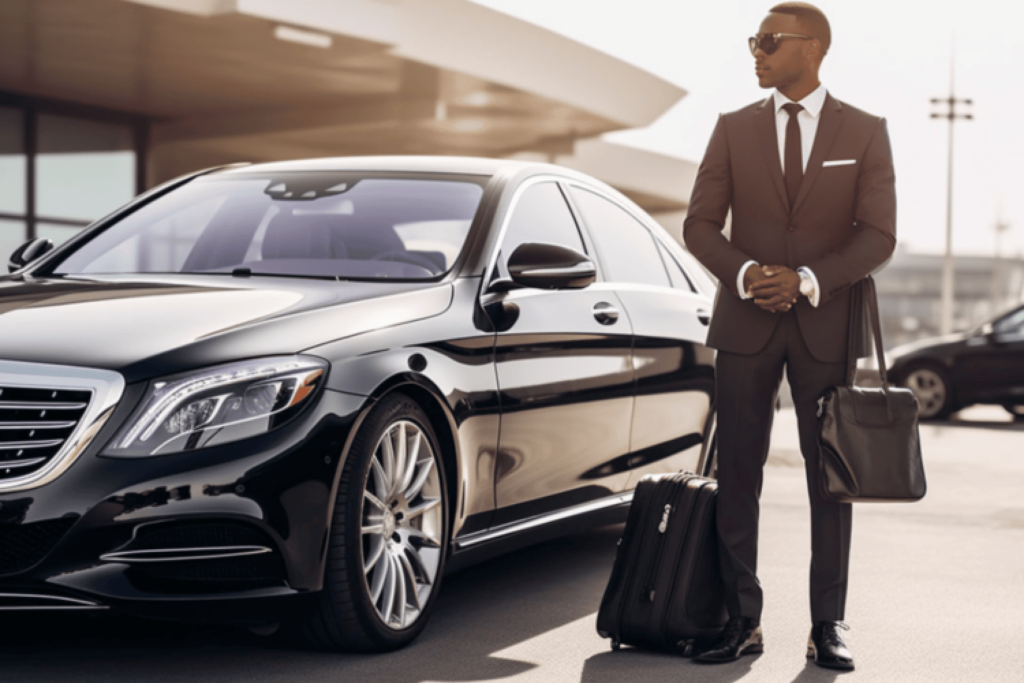 Chauffeur with luggage beside a black Mercedes sedan
