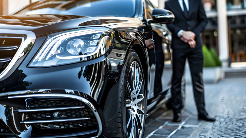 Chauffeur standing by a black sedan with headlights on