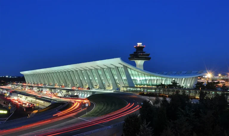 Washington Dulles International Airport terminal at dusk
