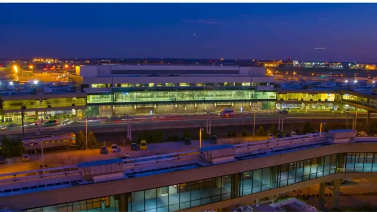 Philadelphia International Airport terminal at dusk