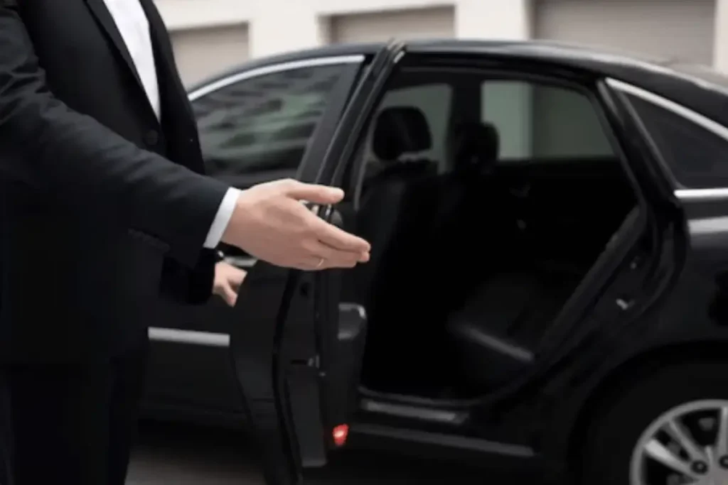 Chauffeur in a dark suit holding the rear door of a black sedan