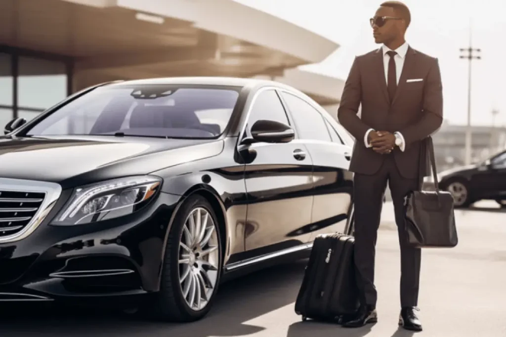 Chauffeur with luggage beside a black Mercedes sedan at the airport curb