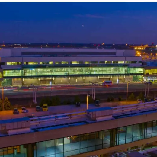 Philadelphia International Airport terminal at dusk