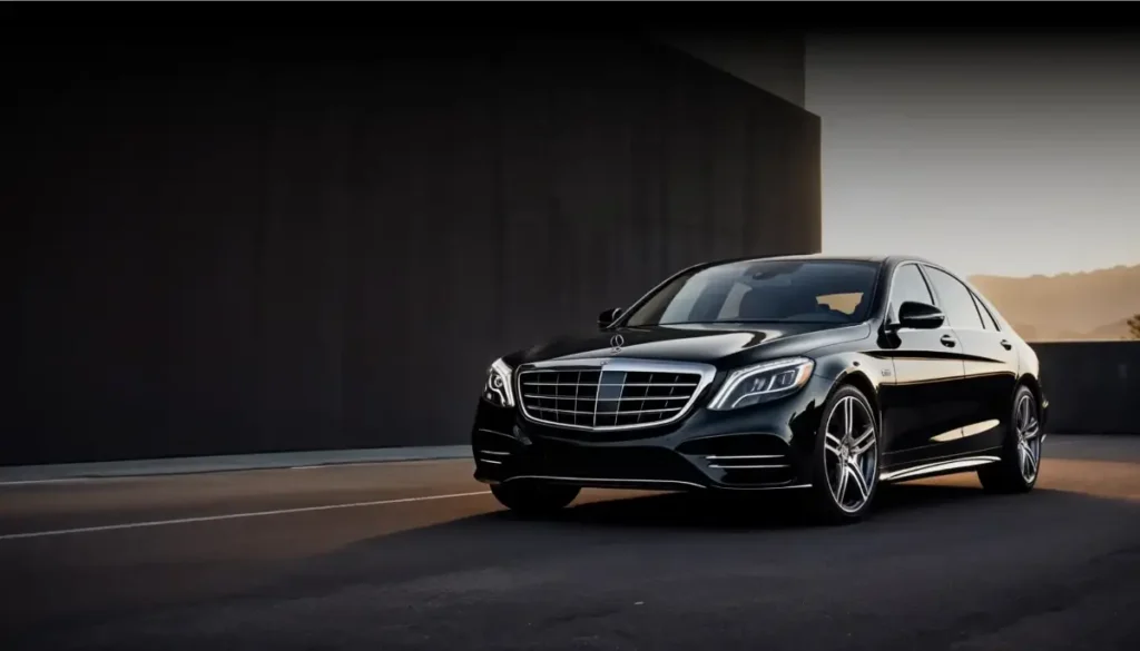 Black Mercedes S-Class sedan under studio light