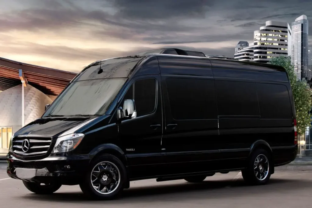 Chauffeur beside a black Mercedes Sprinter van
