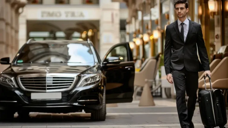 Chauffeur beside a black sedan at a hotel entrance for a corporate pickup