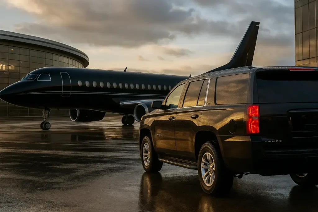 Black SUV waiting beside a private jet at dusk