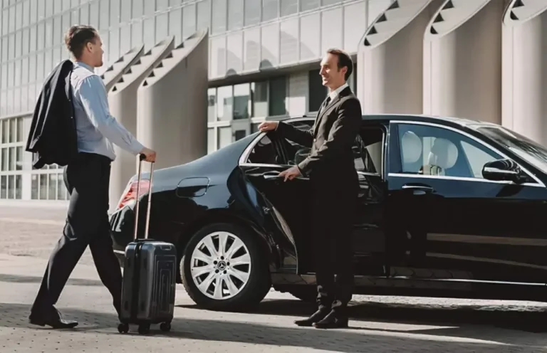 Chauffeur opening the car door for a business traveller with luggage