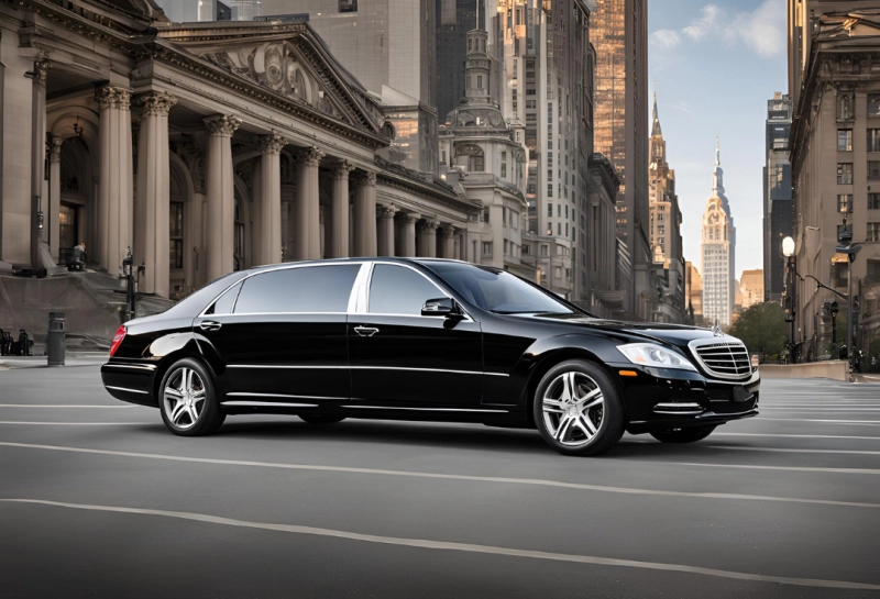 Professional chauffeur beside a black car in Philadelphia